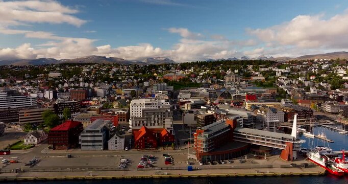 Drone cityscape view and landmarks around Tromso harbour waterfront, Norway