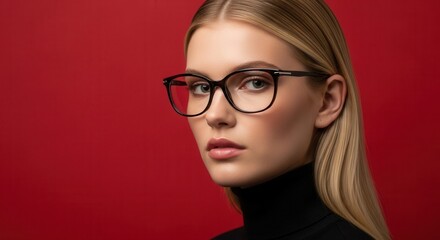 Fototapeta premium Young Woman Wearing Stylish Eyeglasses Against a Vibrant Red Background.
