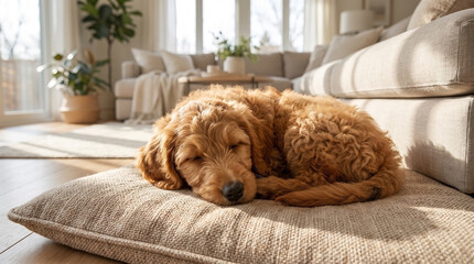 Obraz na płótnie Canvas Cute dog sleeping on cozy bed in sunlit living room, peaceful atmosphere with soft furniture and plants. Contentment shows in pet's relaxed state, ideal for pet care and home decor themes.