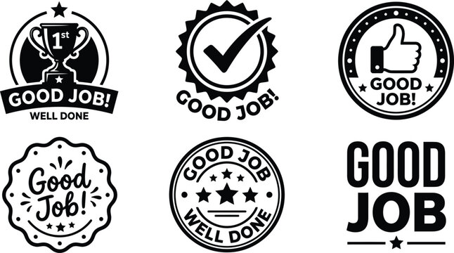 Set of black and white vintage style rubber stamp designs with good job and well done text