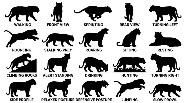 Tiger silhouette collection with 20 animal poses, black feline icons on white background, wild cat action set for logo design and wildlife graphics