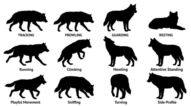 Wolf silhouette collection with 12 animal poses, black wolf icons set for wildlife design, predatory canine silhouettes in various behaviors