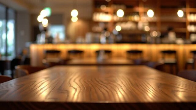 Highlighting Polished Wood Table Texture in Warm Restaurant Interior