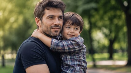 Fototapeta premium Dark-haired man in a navy blue t-shirt carrying a young boy in a plaid shirt on his back in a sunny green park with tall blurred trees and dappled light around them