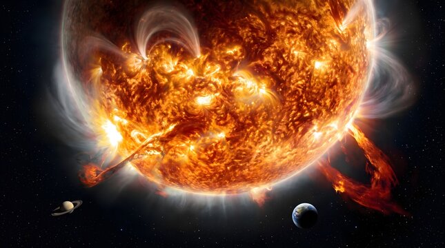 A close-up view of the Sun displaying explosive solar flares and turbulent plasma with nearby planets visible in deep space.