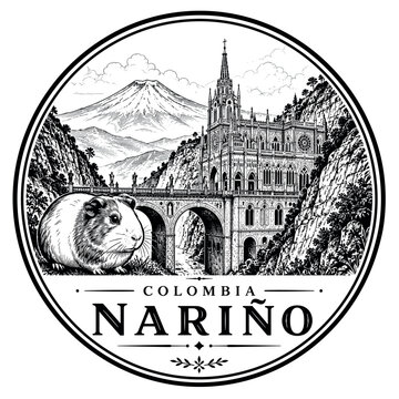 Narino Colombia Emblem: Cathedral, Volcano, Guinea Pig
