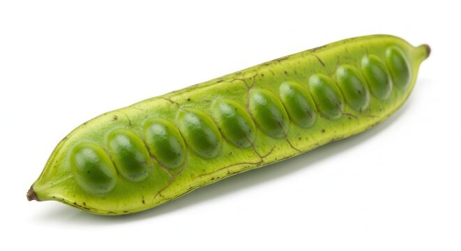 Fresh Green Bean Pod - Close-up of a single opened bean pod with seeds on white background