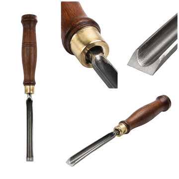 Collection of woodworking chisels with wooden handles and metal details, presented from multiple angles on a transparent background.
