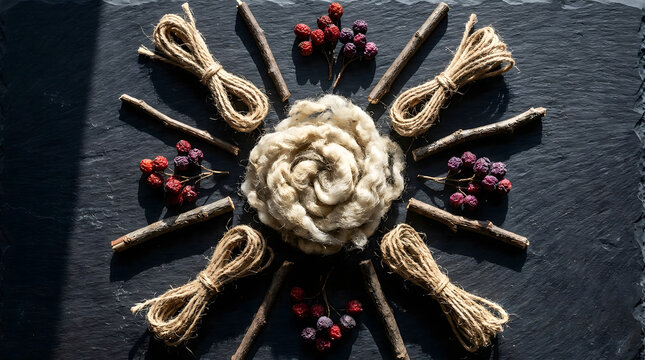 Composici&oacute;n artesanal de materiales naturales con lana, cuerdas de yute, ramas y bayas en forma de mandala sobre pizarra oscura