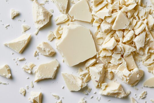The White Chocolate Chunks scattered across a bright clean surface in closeup