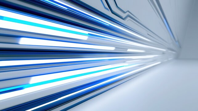High tech abstract data transmission background, varying-length white bright blue horizontal light bars flowing left to right, angular circuit-like thin lines converging right vanishing point, deep bl