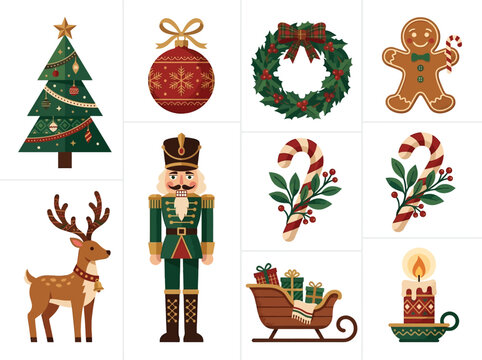 Festive Christmas vector elements set featuring nutcracker reindeer and sleigh in traditional colors for holiday designs.