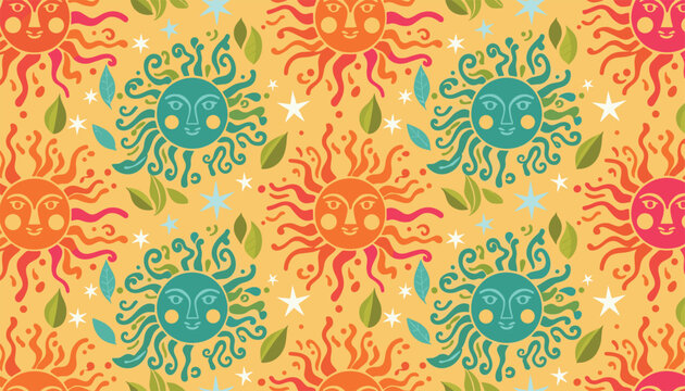 Vibrant celestial seamless pattern depicting smiling sun faces in orange, red, and teal with stars and leaves on yellow.