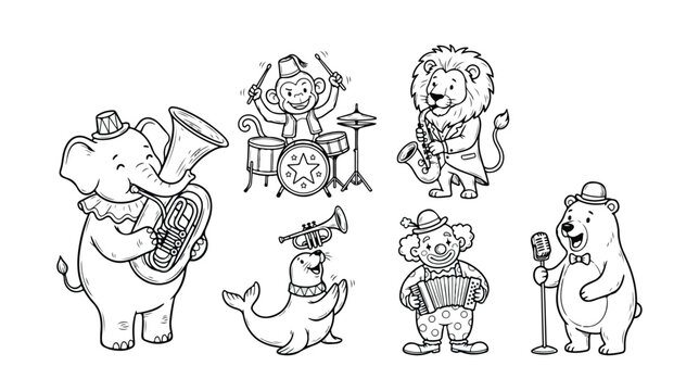 Circus animals band coloring page, cute hand drawn musical animal characters, black and white line art vector set for kids activity
