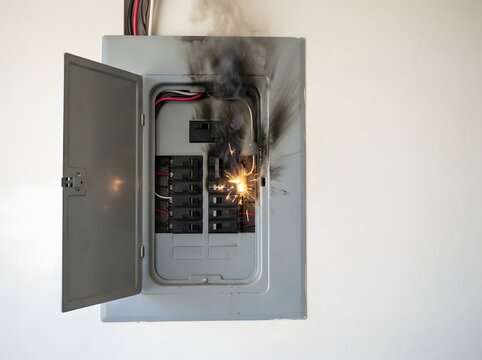 Electrical panel box open with sparking circuit breaker malfunction