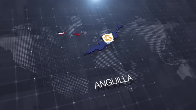 Anguilla map with national flag on digital world map background, geographic border, global political and international news concept