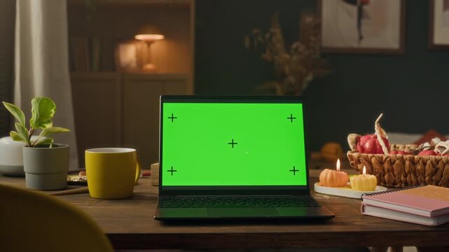 Laptop with green screen sitting on wooden table decorated with autumn pumpkins and candles. Clip works well for showcasing website templates, remote work apps, or seasonal e-commerce promotions