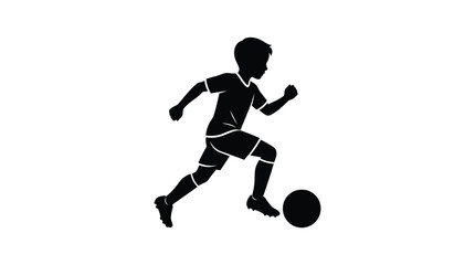Fototapeta premium Silhouette of a young boy sprinting across the field while dribbling a black soccer ball