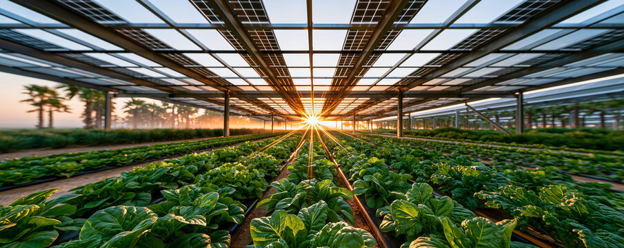 Agrivoltaic farm field with organic vegetables growing under elevated solar panels