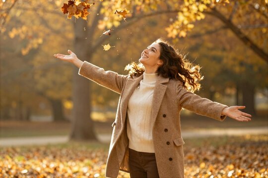 Woman enjoys autumn leaves in a park during a sunny afternoon