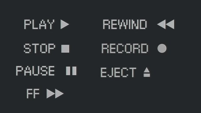 Graphic showing classic VCR controls play, stop, pause, fast forward, rewind, record, and eject. Evokes retro playback nostalgia for vintage media