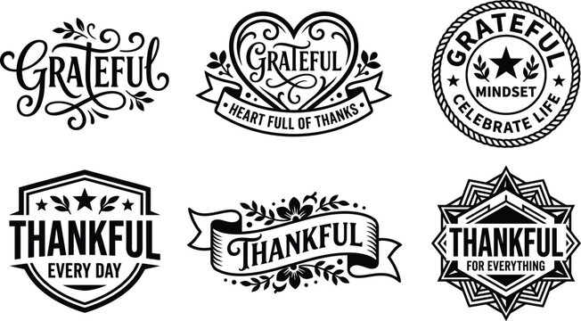 Set of vintage style grateful and thankful typography badges and emblems for thanksgiving and positive lifestyle designs