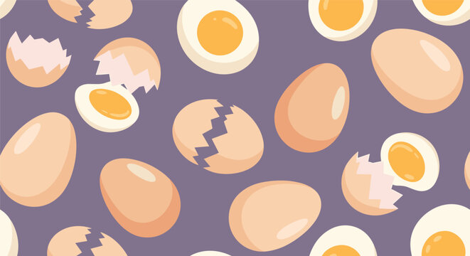 Seamless repeating background pattern containing whole, cracked, and sliced boiled eggs over a soft purple backdrop.