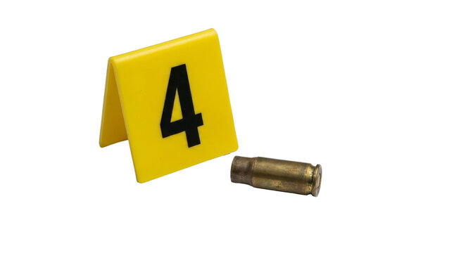 Crime scene evidence marker four with bullet shell casing PNG , isolated on transparent background