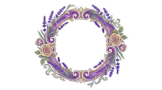 Vintage floral round frame with lavender and roses PNG , isolated on transparent background