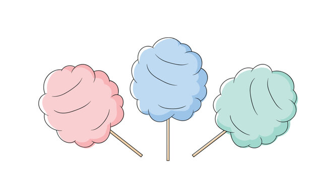 Three fluffy cotton candy on wooden sticks in pink, blue, and green pastel colors isolated on white background.