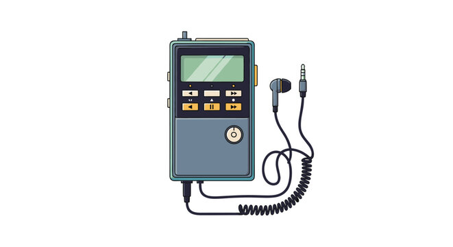 Retro portable audio cassette player with connected wired earphones shown on a clean white background in flat style.
