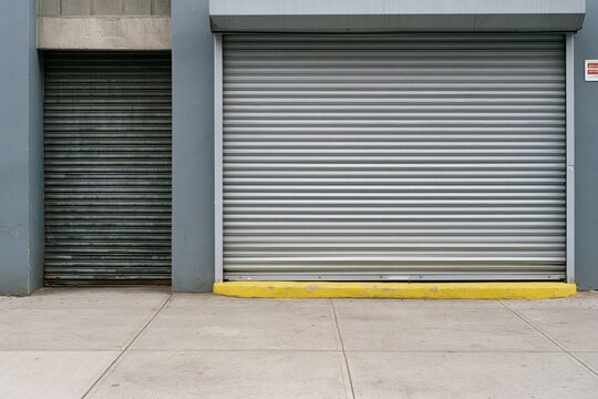 The gray rolling metal shutter door of an urban storefront with a yellow curb