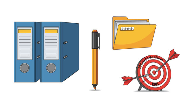 Business folder, pen, office files, and red target board with dart representing KPIs, focused marketing, and business goals.