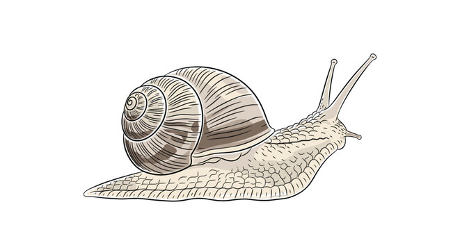 Detailed brown garden snail slowly crawling with its spiral shell on a white background in realistic engraving style.