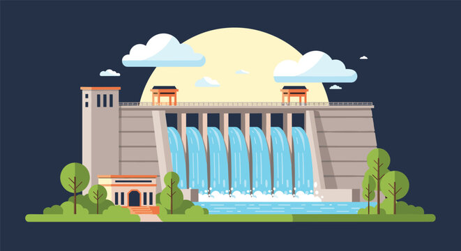 Hydroelectric power plant concrete dam discharging river water with a large yellow sun and white clouds in the sky.