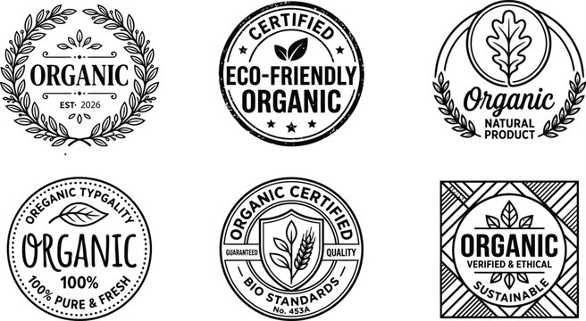 Set of vintage style organic and eco friendly product labels and stamps for natural food branding