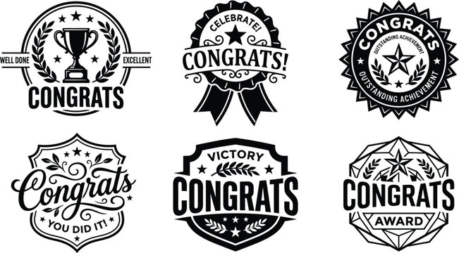 Set of vintage style congratulation badges and award emblems with trophy and star illustrations in black ink