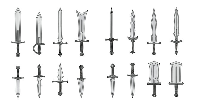 Assortment of sharp medieval swords, daggers, and fantasy blades shown in grey vector outline styles.