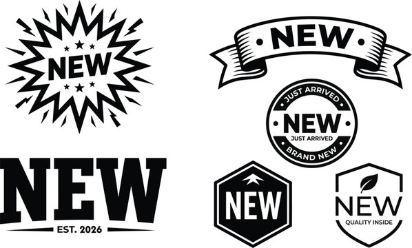 Set of vintage style new arrival labels and badges with various shapes and typography for commercial design