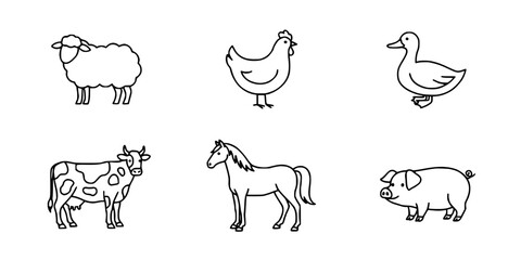 Fototapeta premium Farm Animals Including Sheep, Chicken, Duck, Cow, Horse, and Pig in Simple Line Art Style Featuring Livestock, Agriculture, Rural