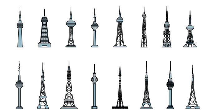 Diverse collection of sixteen communication towers, radio transmitters, and television antennas in flat style.
