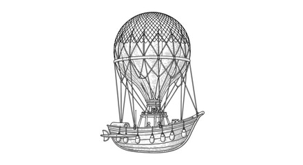 Fototapeta premium Vintage steampunk style flying ship with a large hot air balloon detailed hand-drawn engraving illustration.