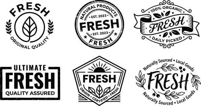 Set of vintage style fresh product stamps and labels with organic and natural food themes