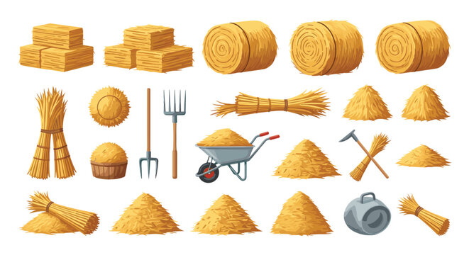 Complete farm set of hay bales, pitchfork, wheelbarrow, and dry straw stacks representing autumn harvesting theme.