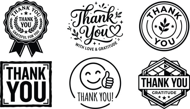 Collection of vintage style thank you rubber stamp designs with various typography and decorative graphic elements