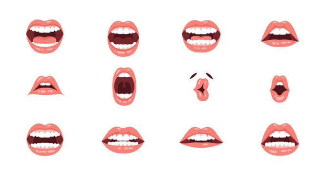 Set of cartoon female mouths showing different expressions like kissing, smiling, talking, and shouting on white.