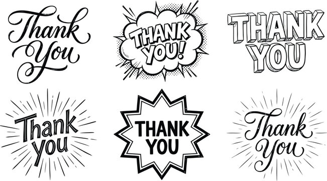 Set of six different hand drawn thank you lettering designs in various artistic styles and shapes