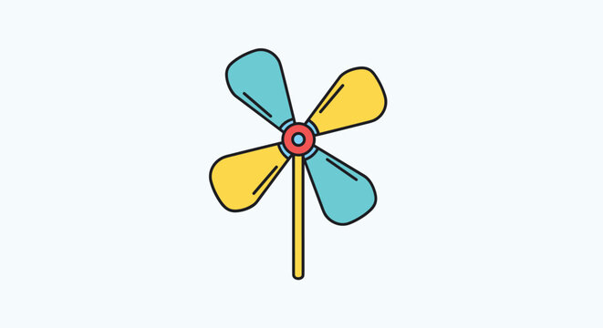 Colorful plastic toy pinwheel wind spinner with blue and yellow blades isolated on a clean light blue background.