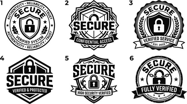 Set of six vintage style secure and protected badges with padlock icons and typography for security branding