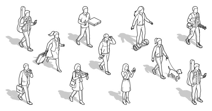 Isometric people silhouettes walking with shadows | Architectural entourage for CAD drawing and site plan visualization | Line art vector set